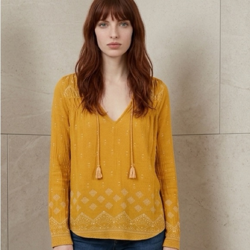 Lucky Brand Mustard Yellow Embroidered Boho Tunic with Tassel Tie